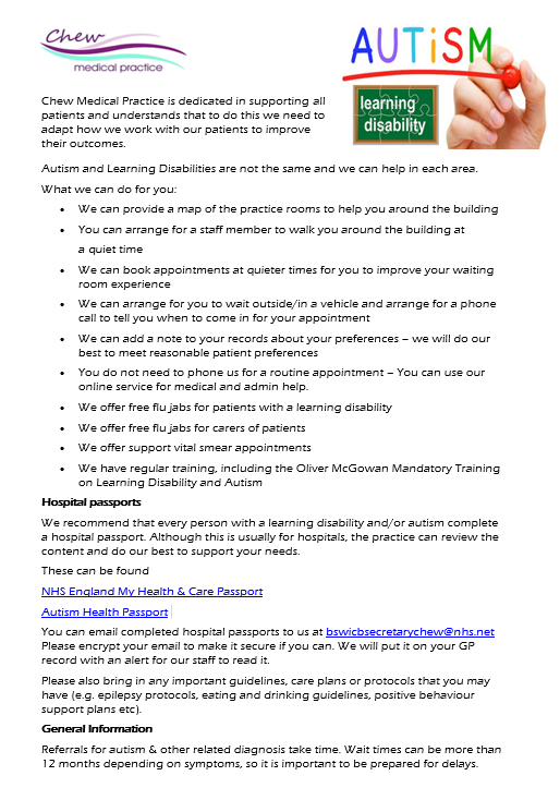 Support for patients with Autism & with Learning Disabilities